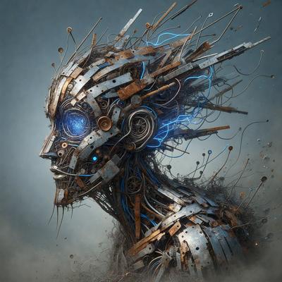 The primary subject of the image is a futuristic robot with a mix of mechanical and organic elements. The robot has a face with a blue eye and a mouth, and it is surrounded by a variety of wires and cables. The setting is a dark, industrial environment, with a backdrop of a city skyline. The visual style is a combination of digital art and illustration, creating a unique and intriguing image. The colors and mood of the image are dark and moody, with a sense of mystery and futuristic ambiance.